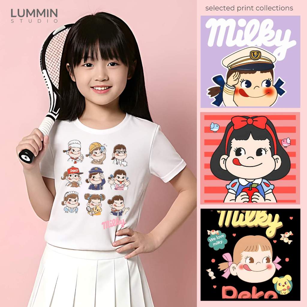 Kaos Anak Perempuan LUMMIN Peko Milky Permen Candy Sweet Korean Style Cotton Combed 24s 3 - 10 Tahun