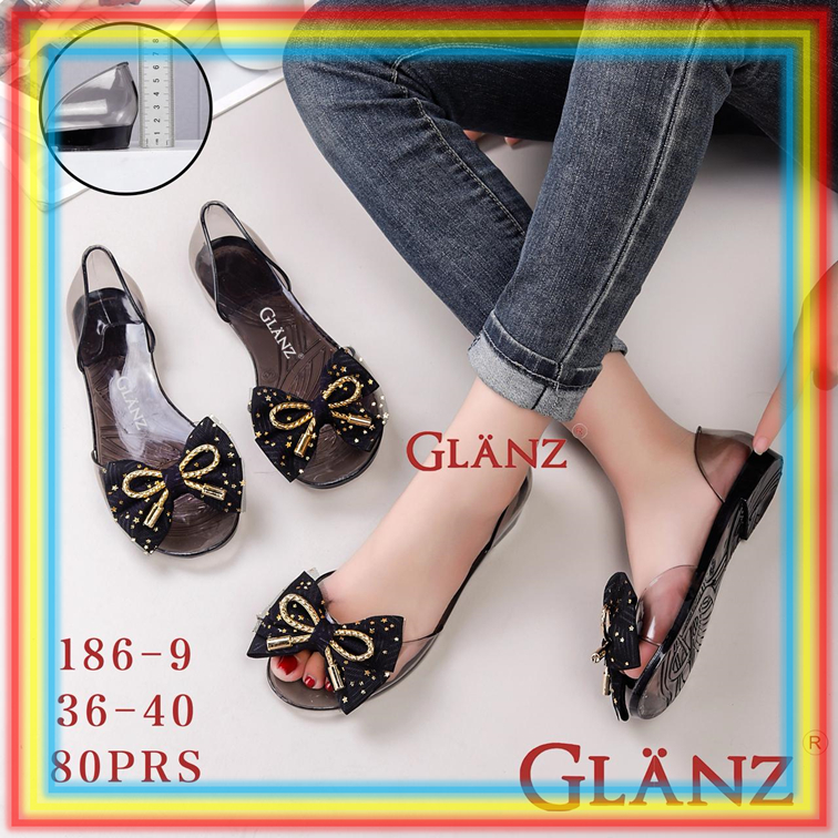 186-9 Sepatu Sandal Kaca Wanita Motif Pita Glitter Bening Glanz Sepatu Cewek Lentur Gliter Glanzton