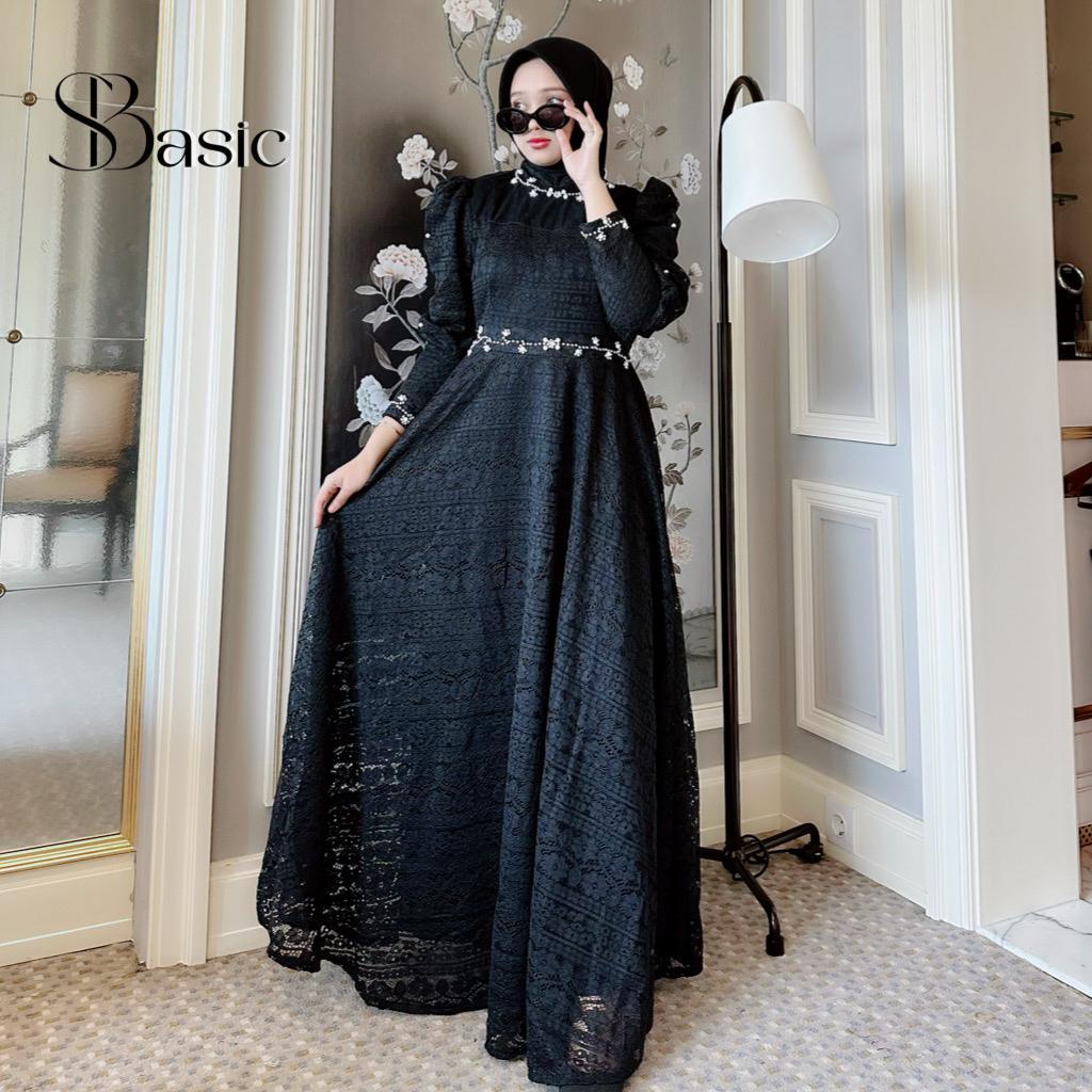Gamis Brukat Hitam Kombinasi Tile Tutu Permata Elegan 70461 9 Busana Muslim Basic