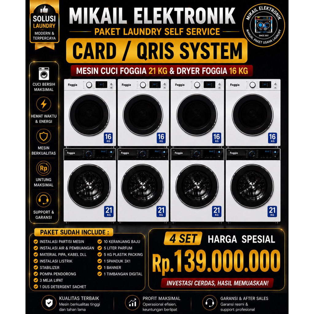 MESIN LAUNDRY SELF SERVICE MESIN CUCI FOGGIA 21 KG DRYER FOGGIA 16 KG PARTISI
