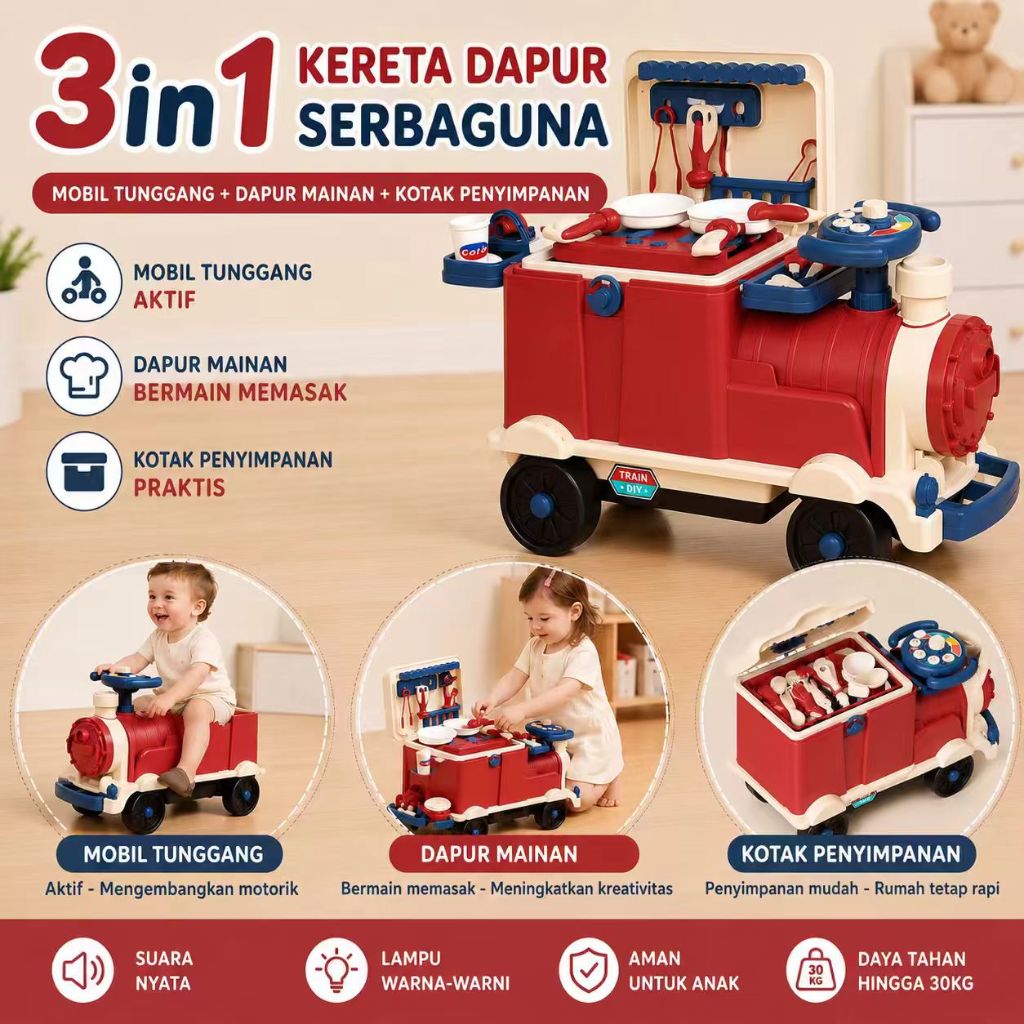 Mainan Kereta Anak 2in1 Set Dapur Dokter Bisa Dinaiki Roleplay Merah Oranye