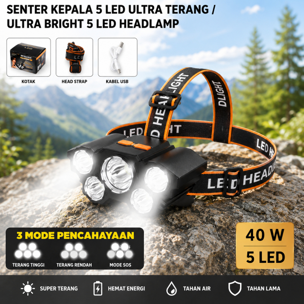 Senter Kepala 40 Watt L-T21 5 Led Rechargerable 4 Mode Cahaya Lampu Senter 50Watt