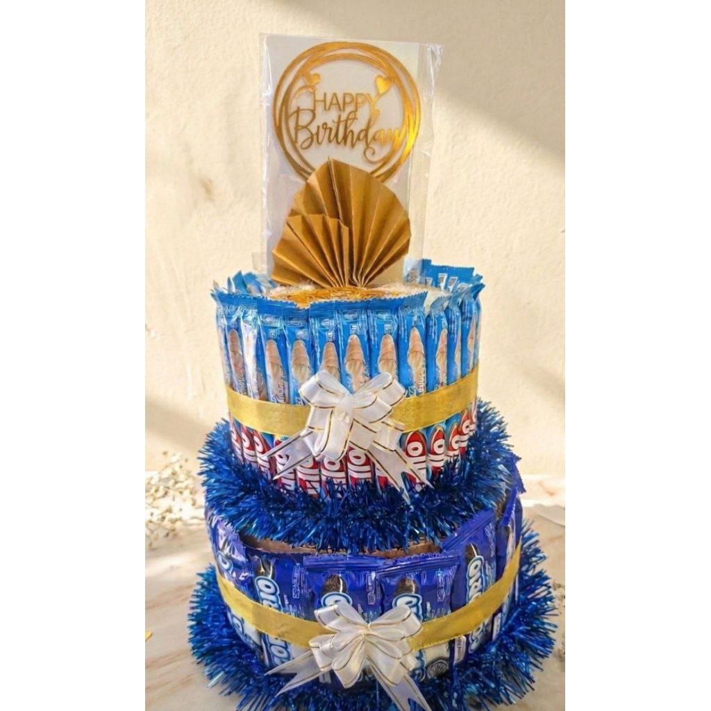 Tower snack 2 tingkat full dekorasi warna biru ulang tahun khitan hampers anak laki laki