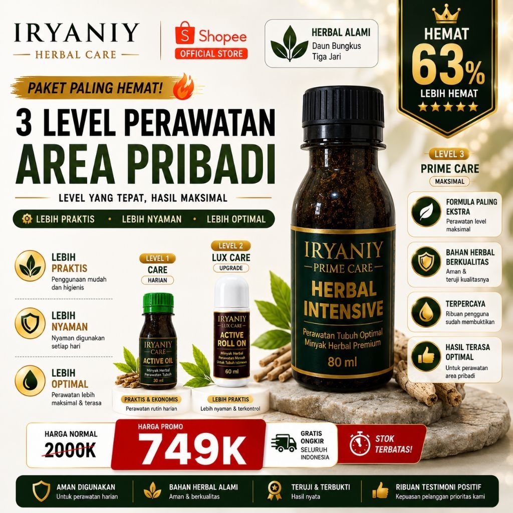 Iryaniy Care 30ml, Lux Care 80ml, Prime Care 80ml | Minyak Herbal Perawatan Tubuh & Pemijatan Area T