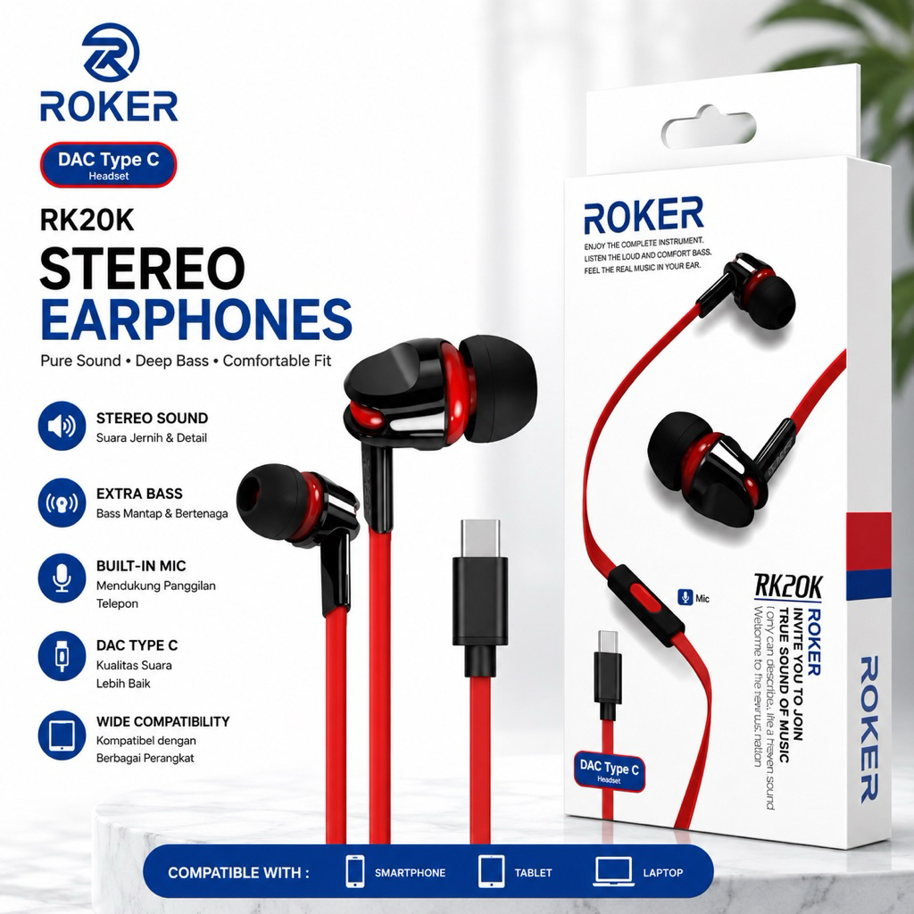 Earphone - Handsfree - Headset ORIGINAL ROKER RK20K DAC Jack Type-C Stereo Extra Bass HF With Mic