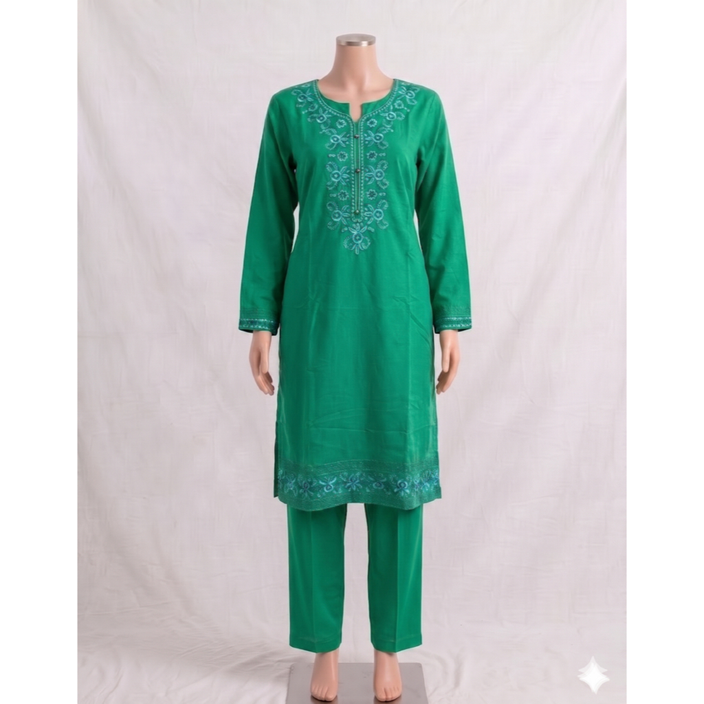 [PRELOVED LIKE NEW] Kava – Setelan Kurta/Tunik India Bordir Floral – Warna Emerald Green – Setelan K