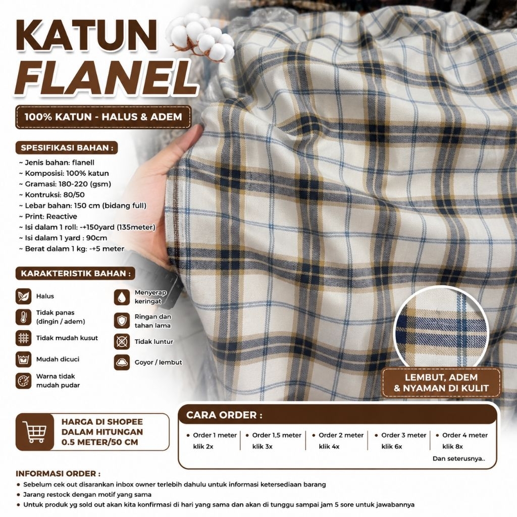 kain katun flanell // flanel motif kotak // flanell meteran // flanel uniqlo