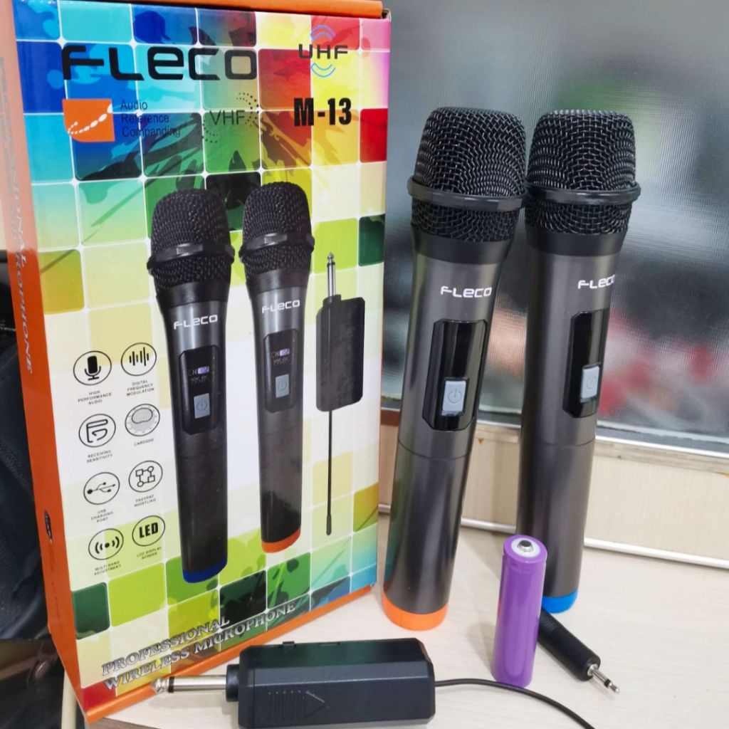 Fleco Mic Professional Microphone Wireless Karaoke | Mic Bluetooth Double Tanpa Kabel Original
