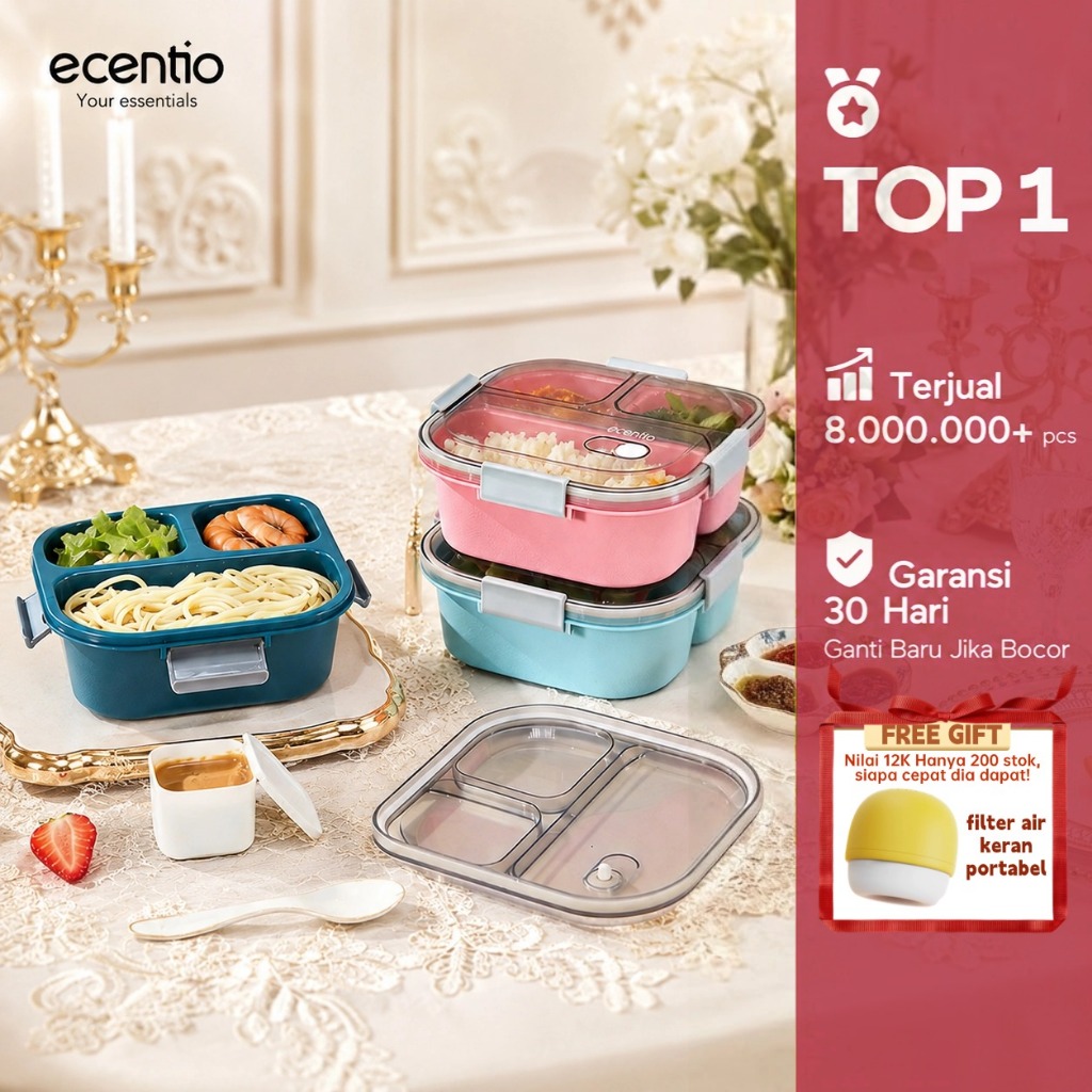 [Versi 2.0] ecentio kotak makan anti tumpah lunch box 3 grid 1100ml tempat makan kotak sup 100ml Fre