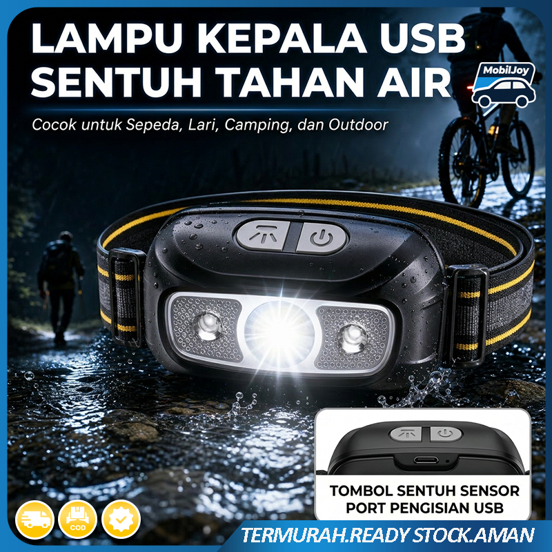 Lampu sepeda Headlamp USB Sentuh Anti Air Tahan Hujan Outdoor || Headlamp Sensor USB Tahan Air Untuk