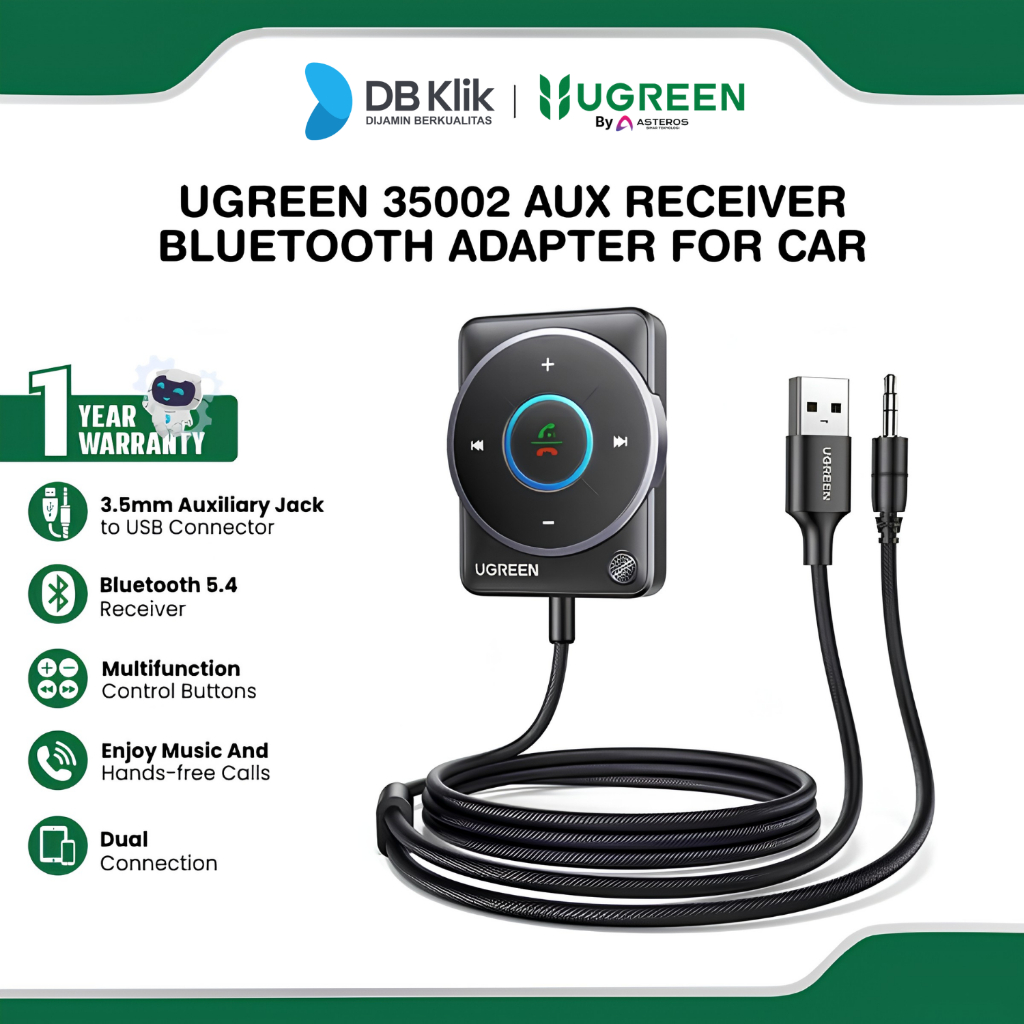 Ugreen Aux Receiver Bluetooth Adapter Bluetooth 5.4 Dual Connection For Car (35002)