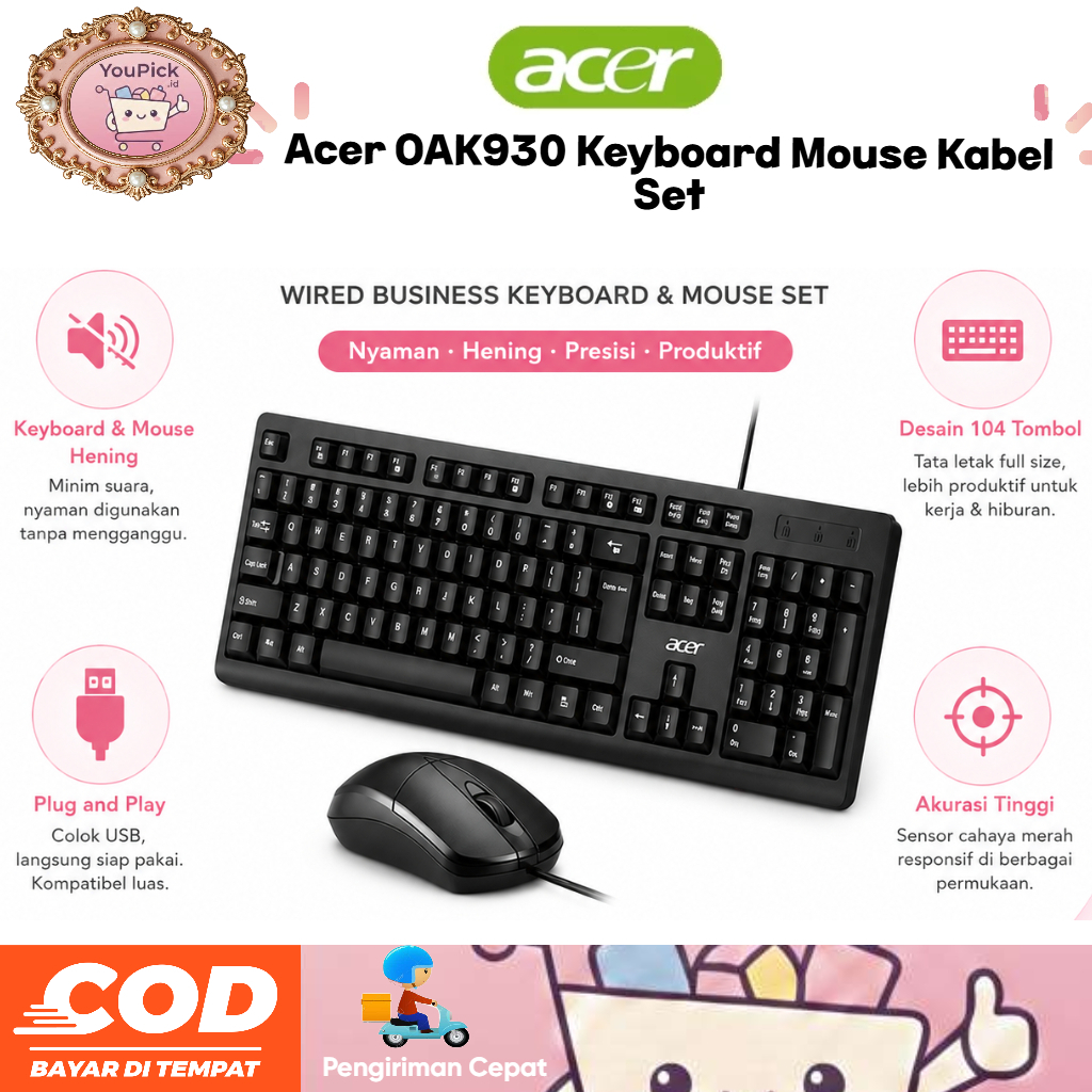 Acer OAK930 Keyboard Mouse Kabel Set USB Silent Full Size 104 Tombol Ergonomis untuk PC Laptop Offic