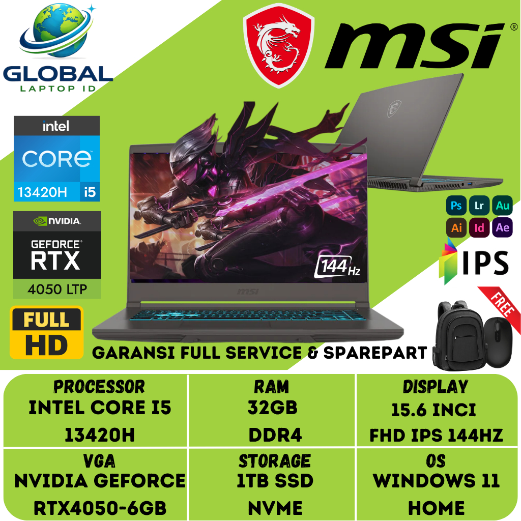 Promo Laptop Gaming MSI THIN 15 Intel i5 13420H RTX3050 | | RTX4050 | RTX4060 RAM 32GB FHD 144HZ W11