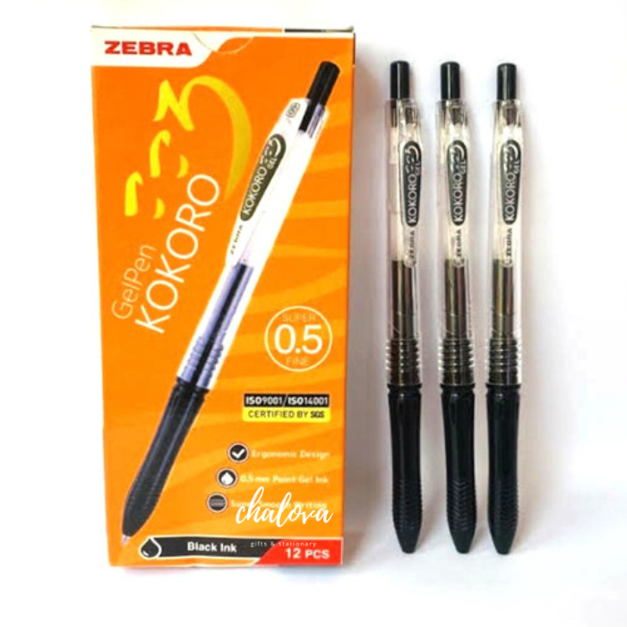 BOLPEN / PULPEN GEL INK ZEBRA KOKORO GEL 0.5 TINTA HITAM - BIRU - MERAH ( 1 Lusin ) / Pulpen Kokoro 