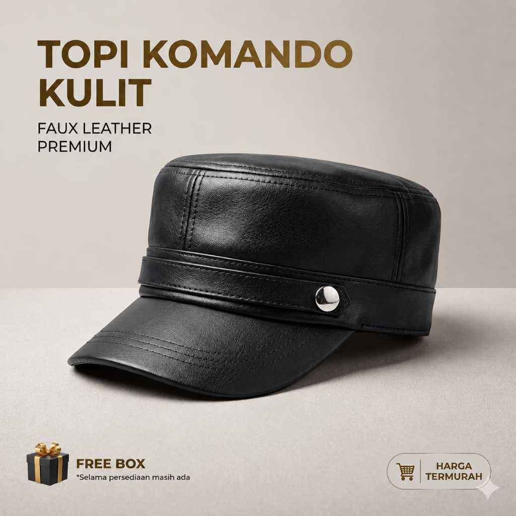 Topi Komando Kulit Vintage Hitam Polos Pria Wanita Gaya Korea Mewah Free Box