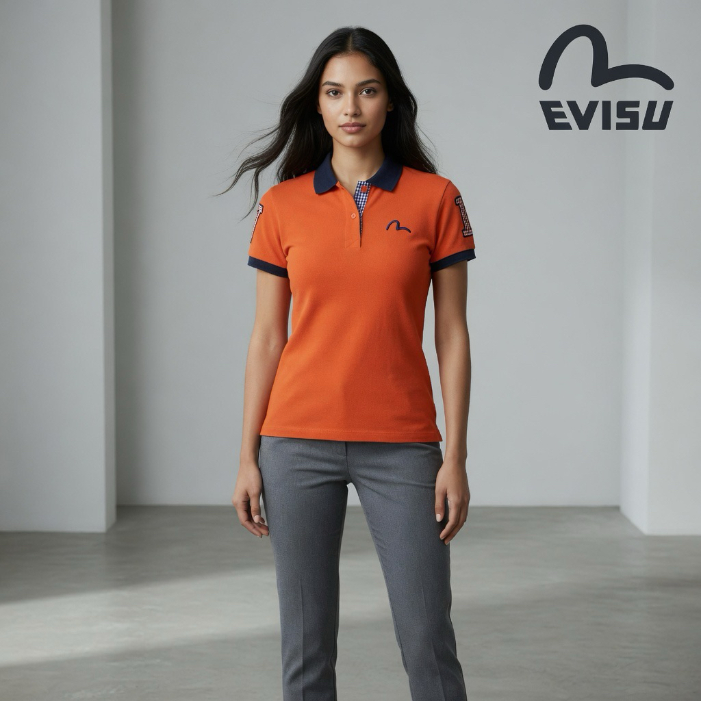 Kaos Polo Evisu Jeans Orange Original Vintage Preloved Kaos Kerah Cewek Size S Slim Fit