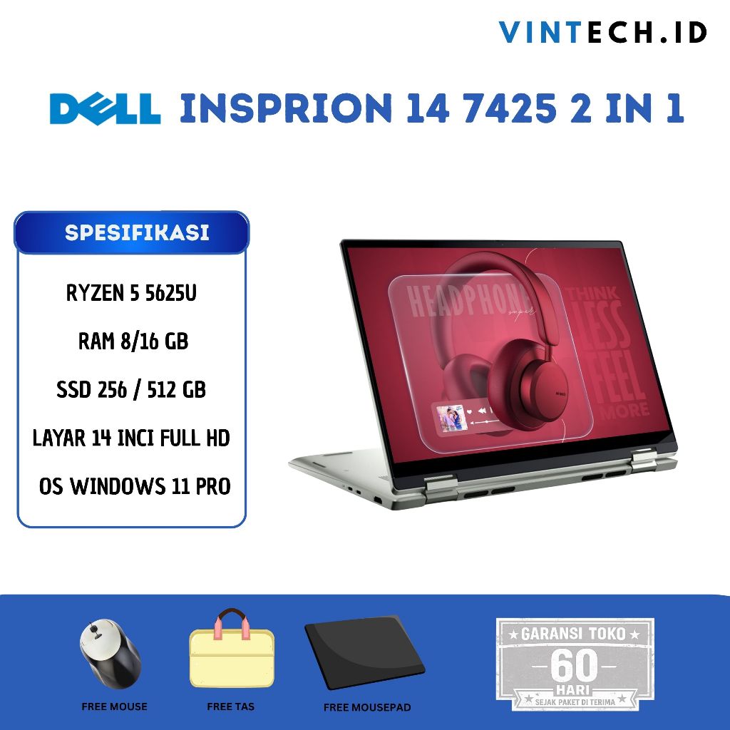 Laptop 2 in 1 Dell Insprion 14 7425 Ryzen 5 5625U Ram 16/512GB Touchscreen Full HD 14 Inci