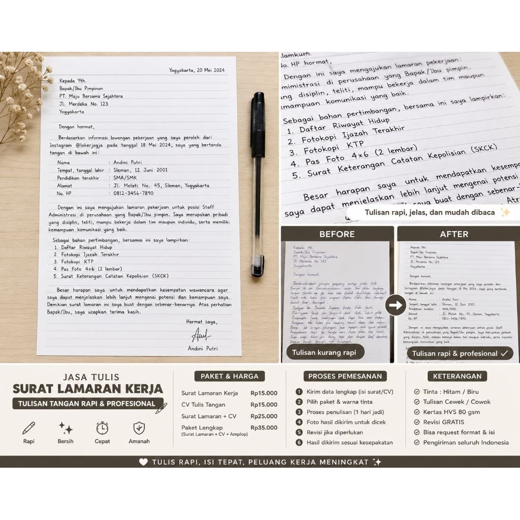 Jasa Tulis Surat Lamaran Kerja Tulis Tangan Rapi & Profesional