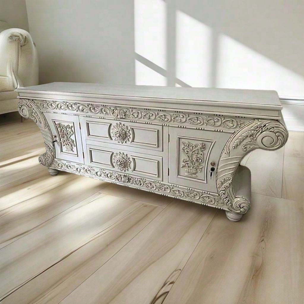 BUFET TV LUXURY MODEL KONDE KAYU JATI DUCO PUTIH MEWAH | Lemari TV Klasik Ukir Jati Finishing Duco W