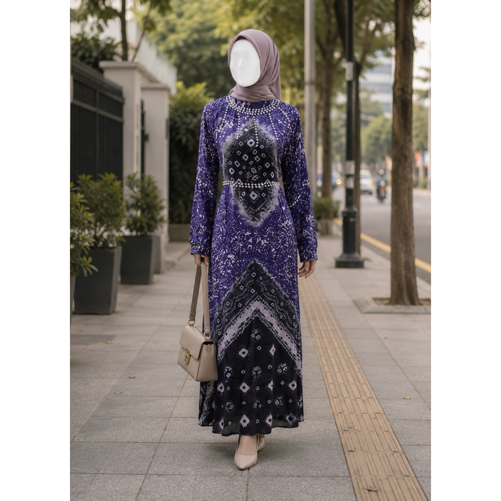 Gamis Klok Jumputan Palembang | Bahan Serat Jagung Pewarna Alam | Motif Lilin