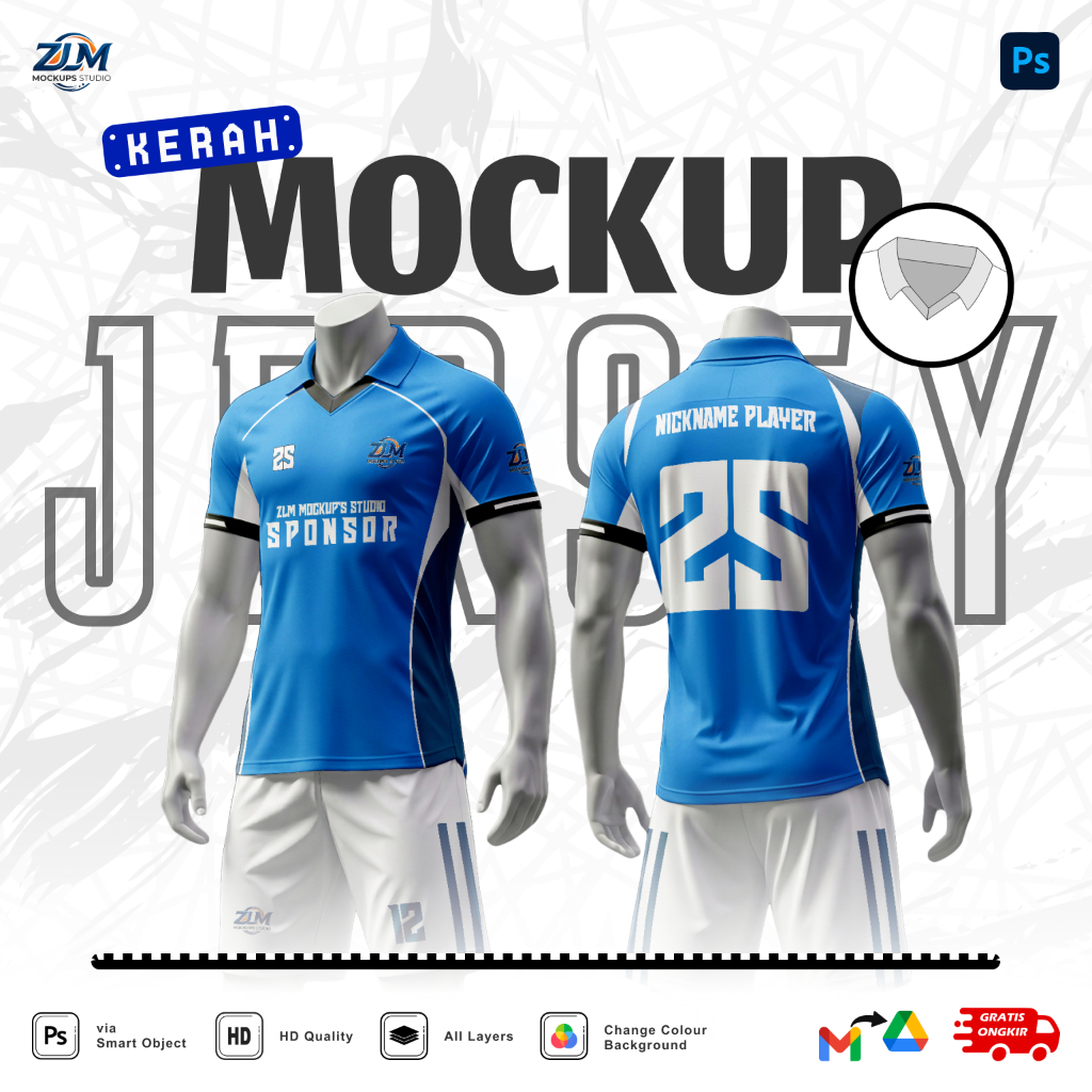[KERAH V NECK - FULL BODY KIT] MOCKUP JERSEY BOLA (LENGAN PENDEK/PANJANG) (PSD FILE)