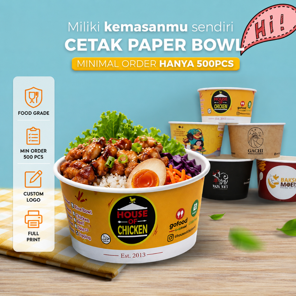 Paper Bowl Custom Logo Full Print Food Grade Untuk Rice Bowl Kemasan Makanan Murah Minimal 500 pcs