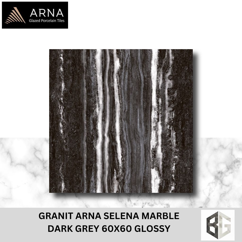 Granit Lantai Arna Selena Marmer Marbel 60x60 Glossy Dark Grey Motif Marmer