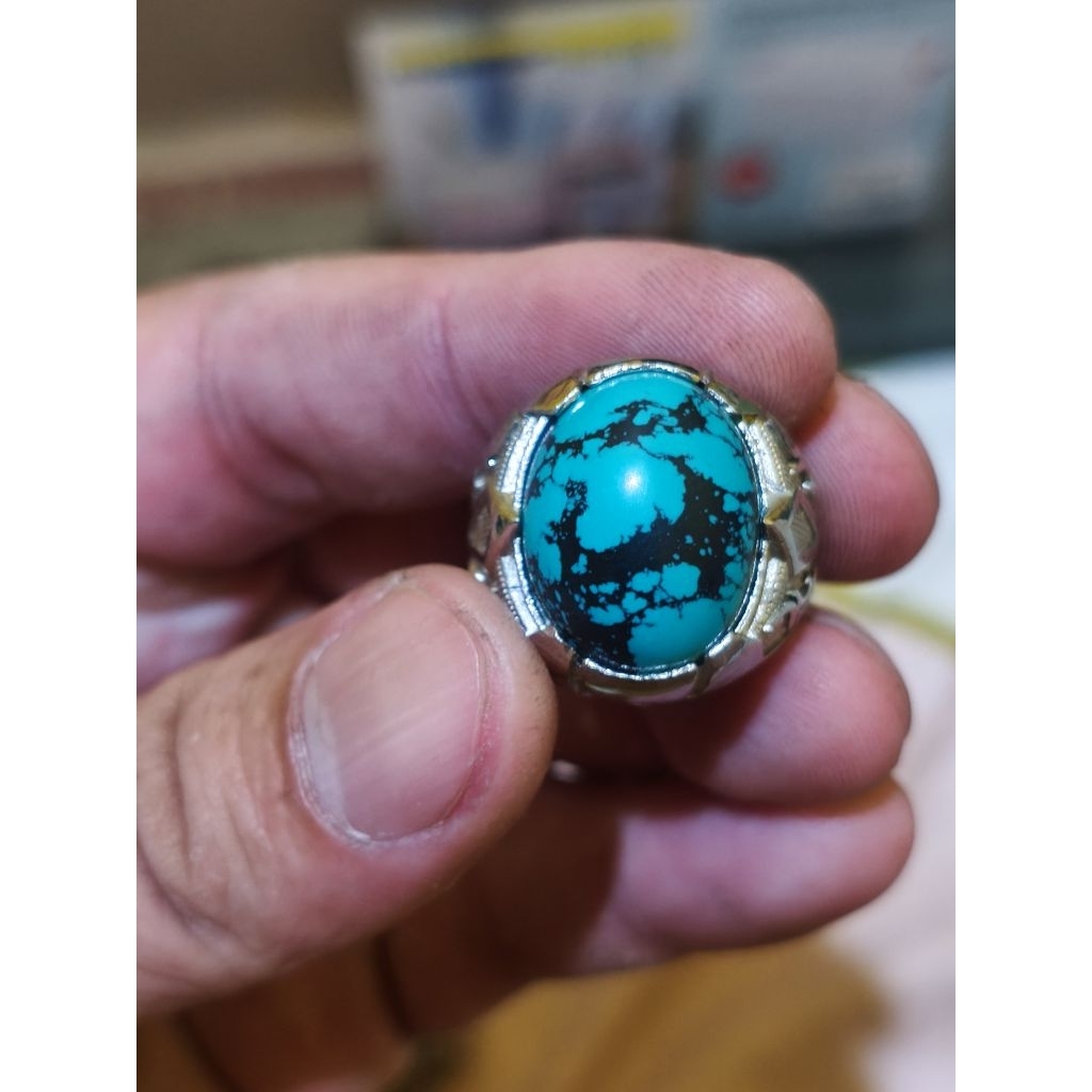 Cincin Batu Akik Pirus Serat Hitam