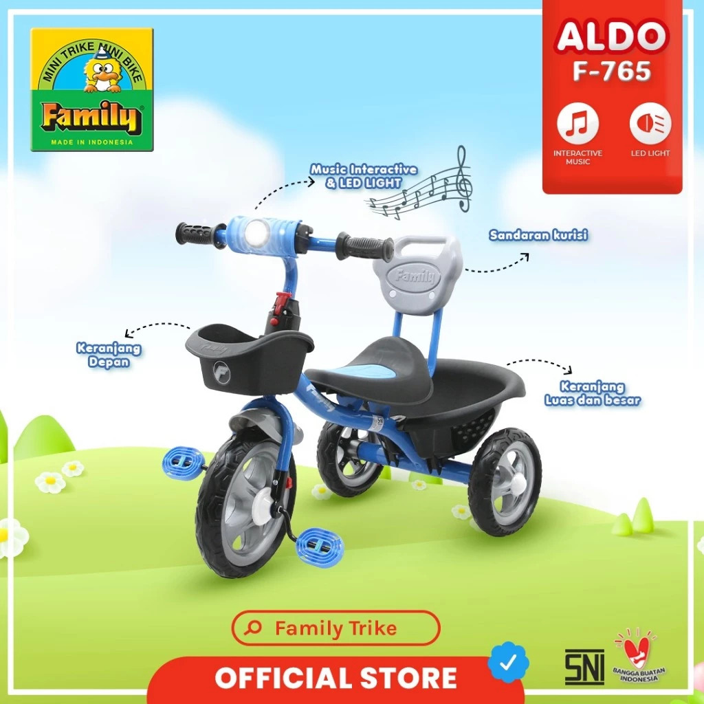 Family Sepeda Anak Roda Tiga ALDO F-765 / ALFA F-763 Sepeda Anak 2 tahun dengan Keranjang Besar