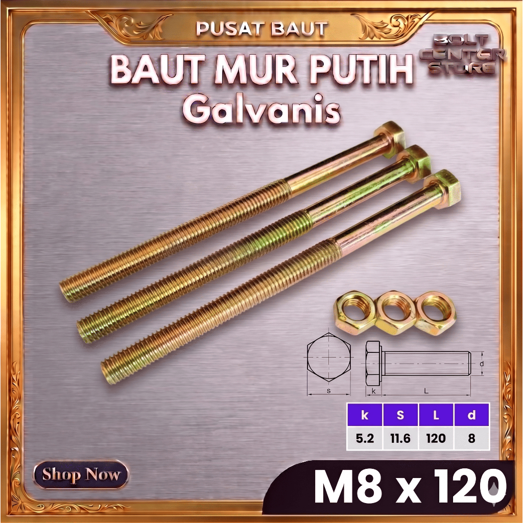 M8x120 Baut Mur Kuning BMK Hex M8 x 120 HT Galvanis