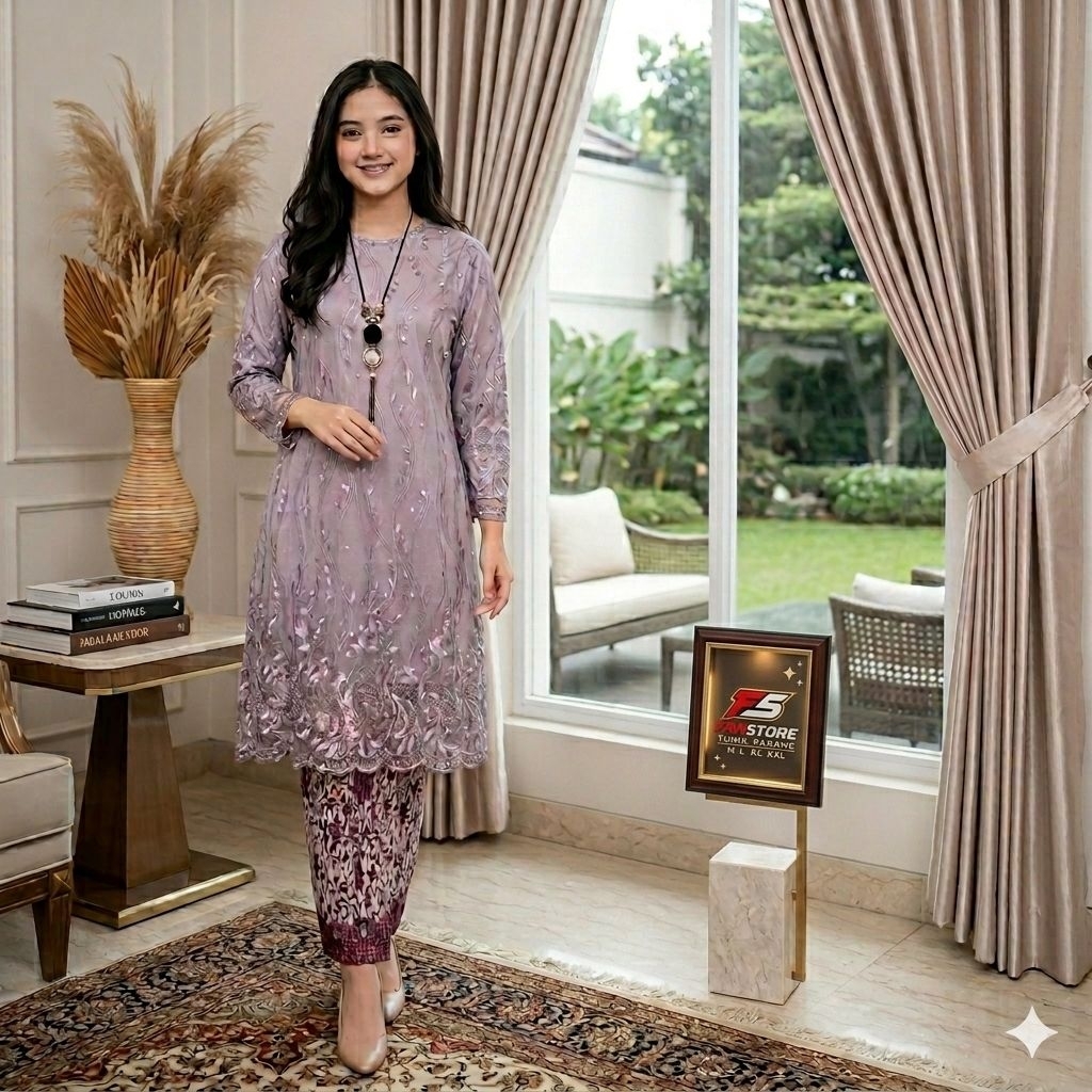 Tunik Padang Jumbo LD 130 Bordir Premium Set Rok Plisket Batik Wanita Kondangan