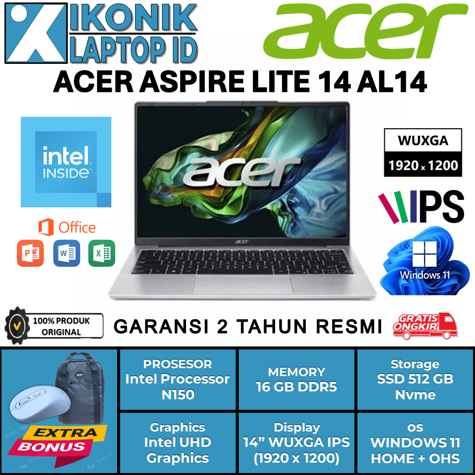 Laptop Baru ACER Aspire Lite 14 Intel N150 Ram 16 GB Ssd 512 GB Garansi Resmi Original