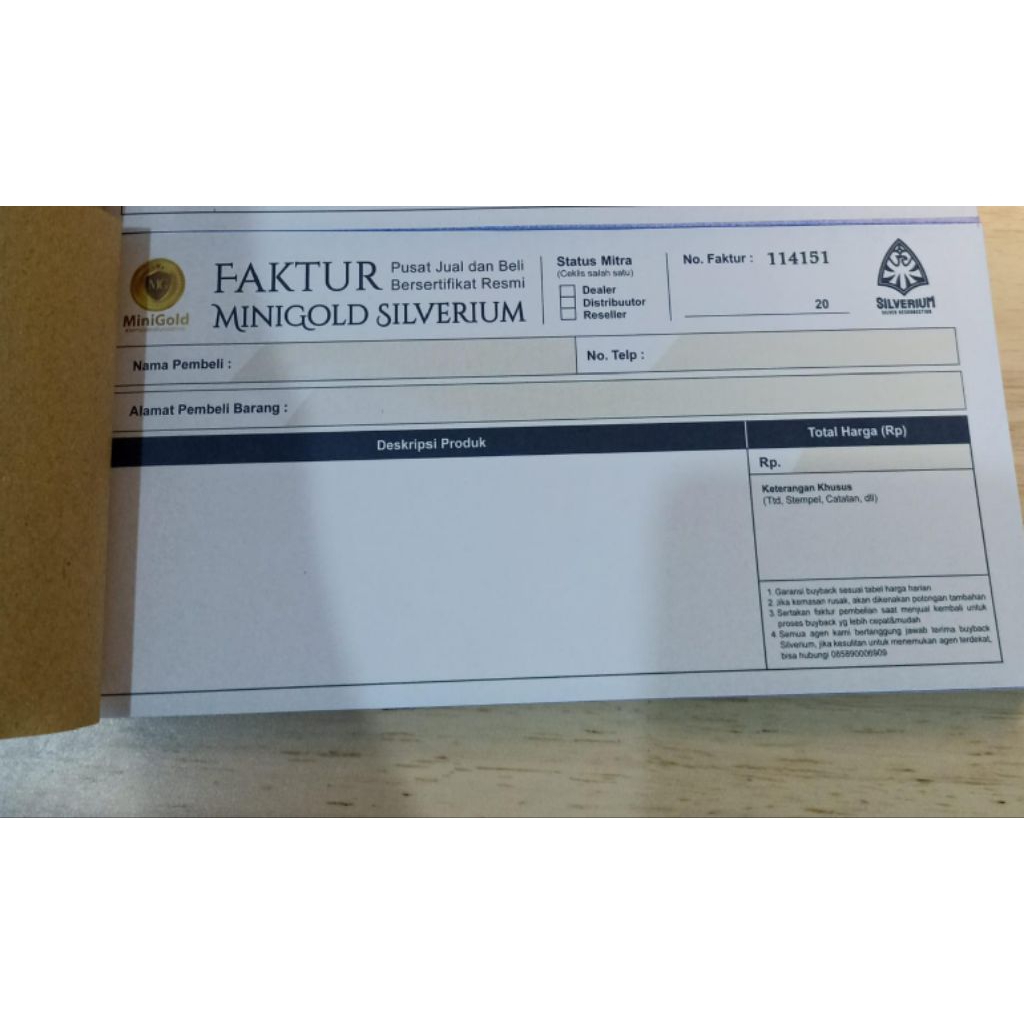 FAKTUR NOTA MINIGOLD SILVERIUM 100 Lembar TERBARU RESMI