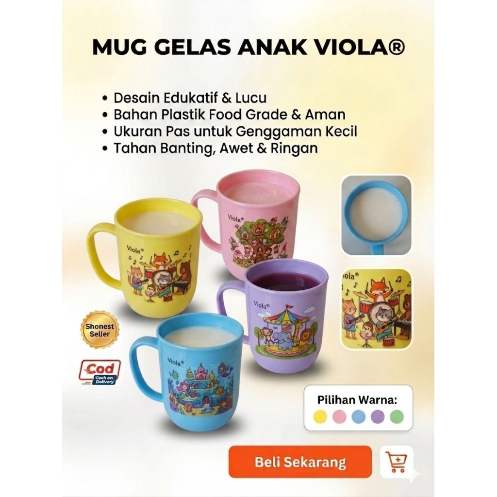 Set Gelas Anak Viola - Gelas Plastik Karakter Lucu & Edukatif