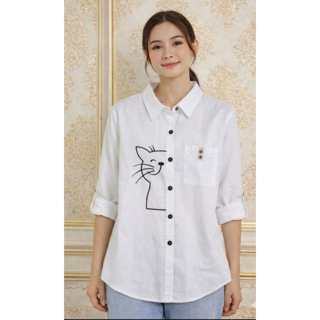 DERINE - Atasan Kemeja Wanita special Putih - Baju Wanita Kekinian kemeja katun bordir
