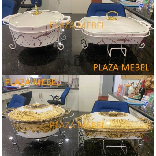 Food Warmer Prasmanan Saji VICENZA Kotak Segi - Bulat / White Marble - Gold / Rectangular Round Cass