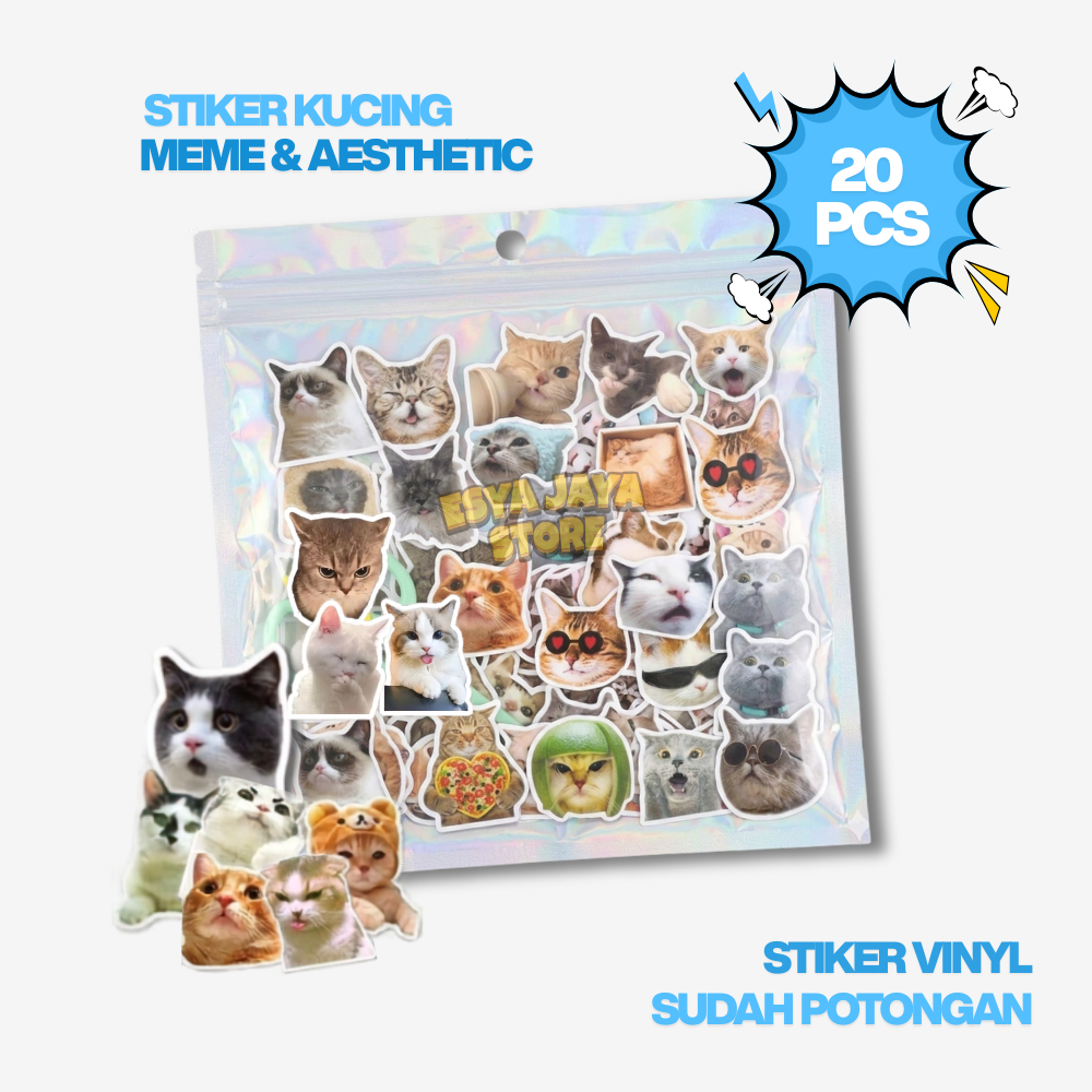 STIKER MEME KUCING (20 PCS) AESTHETIC LUCU | STIKER MEME CATS | VINYL ANTI AIR CUTTING RAPI