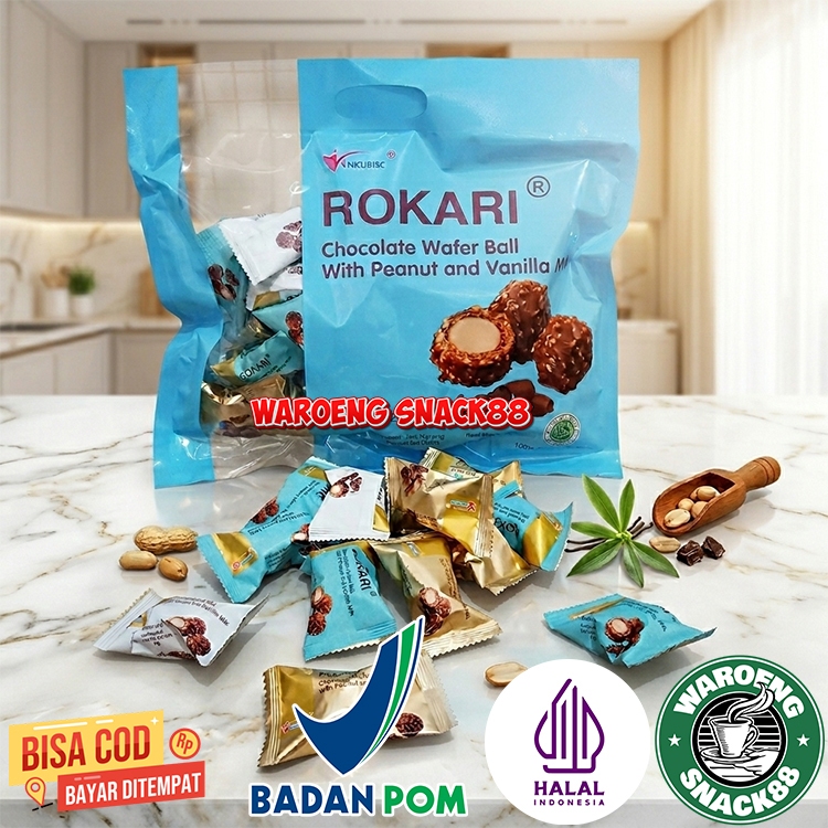 ROKARI Wafer Bola Coklat Kacang Vanila Susu 280gr, Chocolate Wafer Ball With Peanut and Vanila Milk