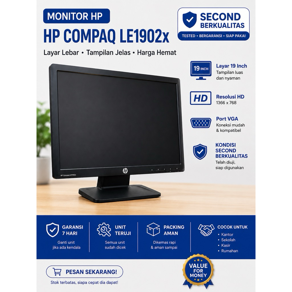 Monitor HP Compaq LE1902x 19 Inch LED Second Original VGA Siap Pakai