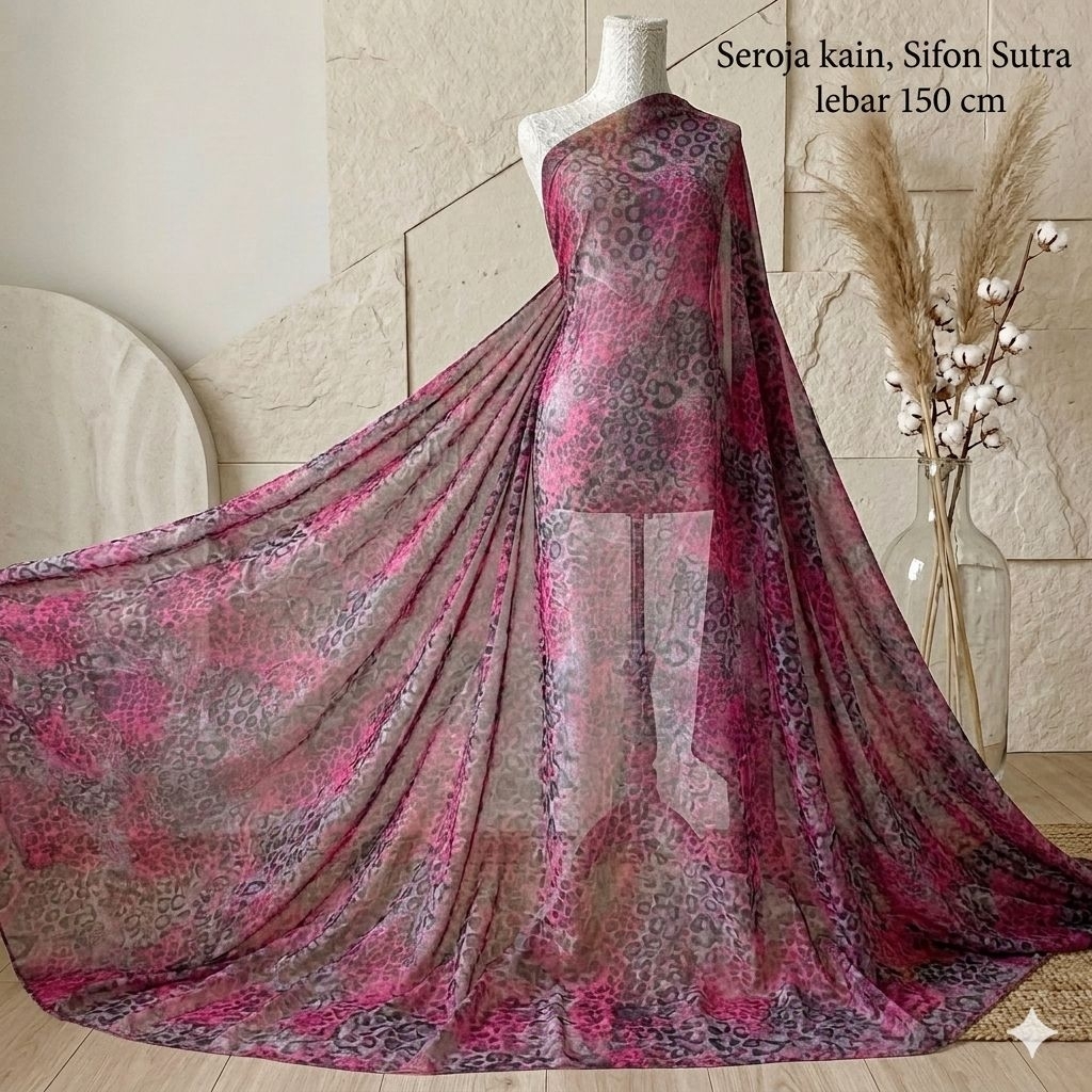 Kain Sifon Sutra Premium Motif Leopard Macan Tutul Meteran - Bahan Silk Chiffon Halus Mewah Untuk Ga