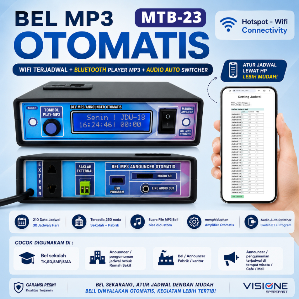 Bel Sekolah Otomatis Bel Kantor Bel Pabrik Suara Timer Audio MP3 Pengumuman Otomatis Terjadwal HP