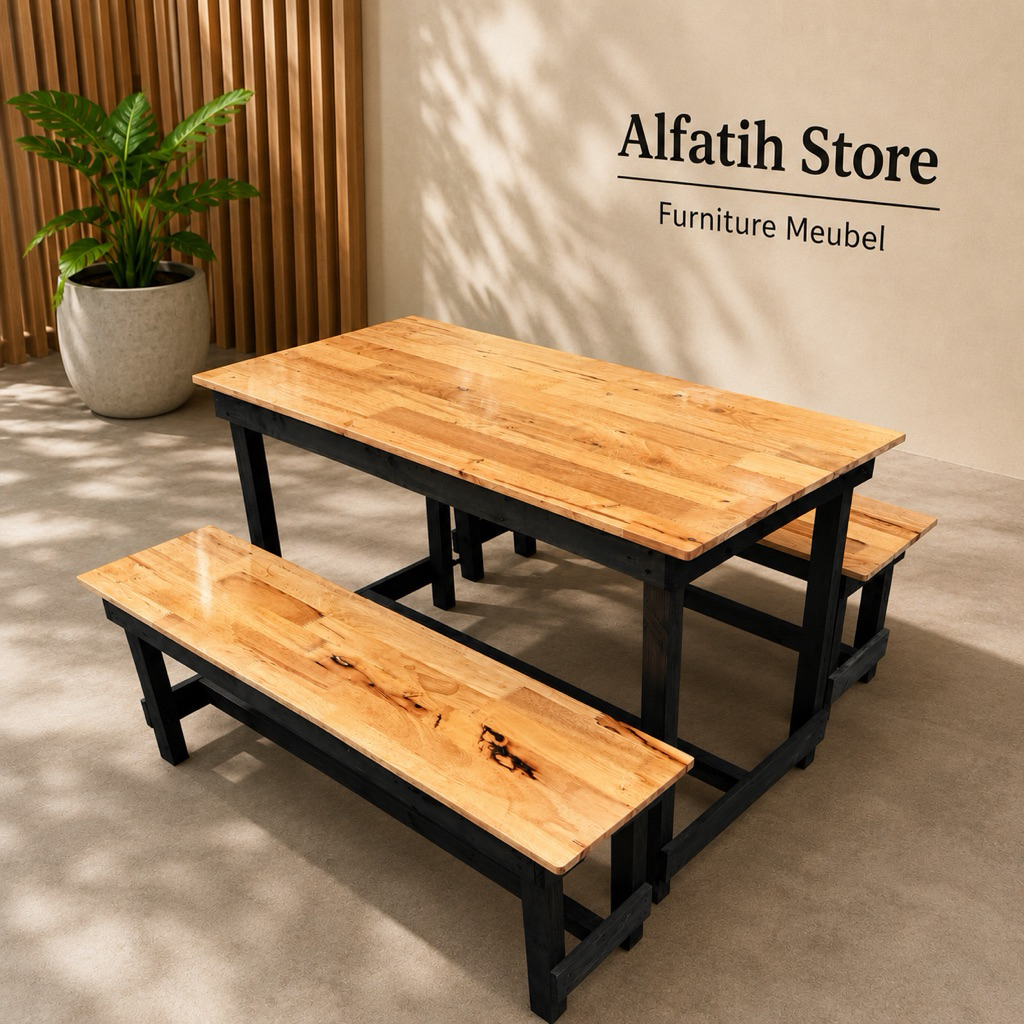 Set Meja Makan / Coffee / Kafe Kayu Minimalis Industrial Bangku Panjang 120x60 Solid Natural