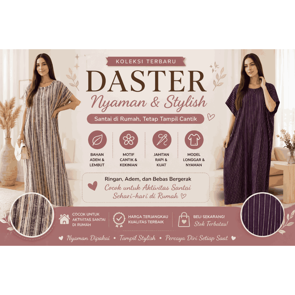Dasterrun / Daster Viral Garis / Daster Rayon Premium / Daster Wanita Nyaman / Daster Kekinian / Das