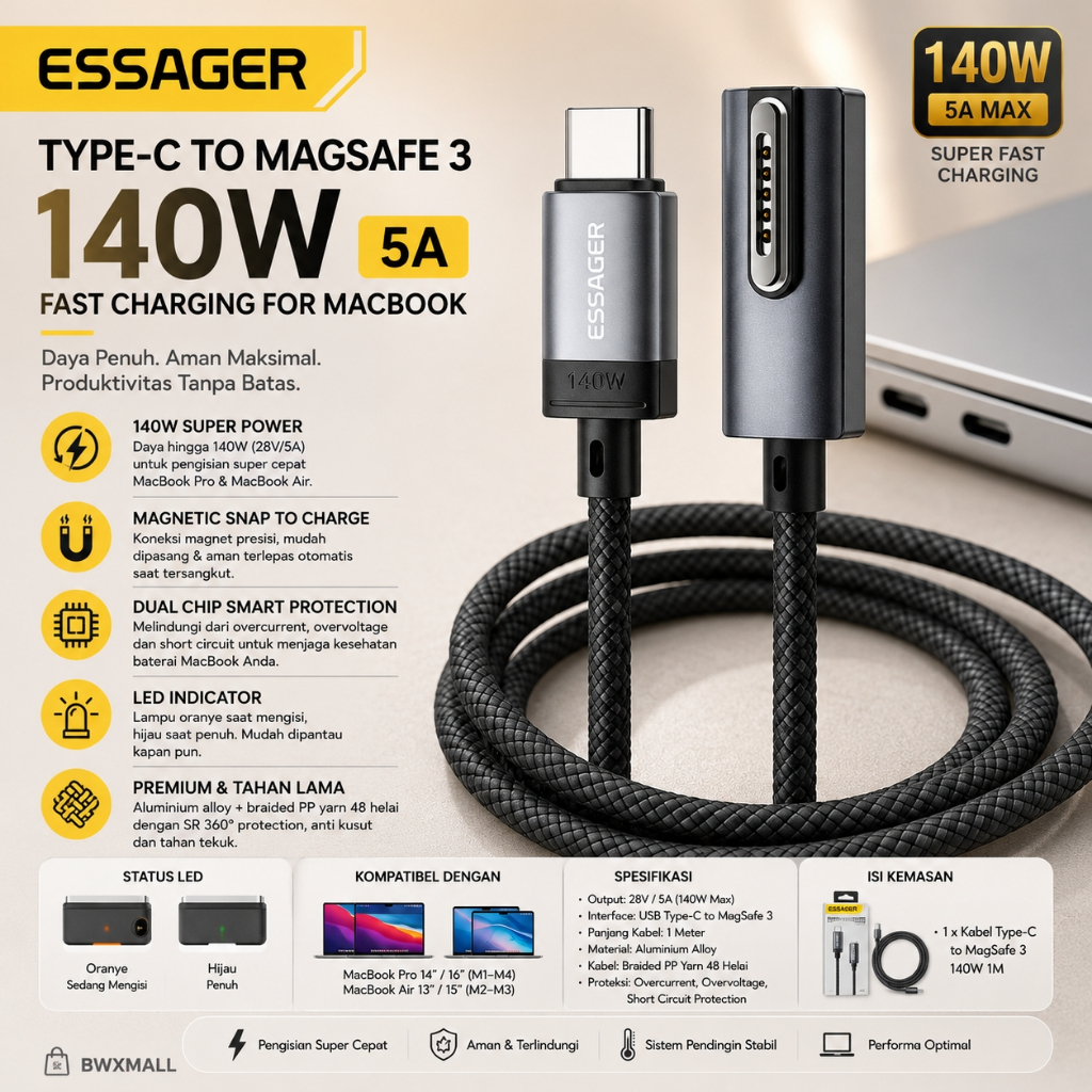 Kabel Charger MacBook Type C Ke MagSafe 3 ESSAGER Fast Charging 140W Pengisi Daya Laptop Mac Pro Air