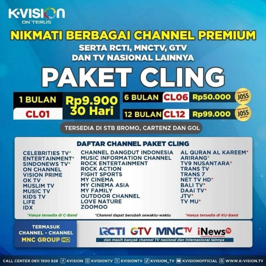 VOUCHER TV K VISION, PAKET TV CLING LENGKAP TV NASIONAL FULL