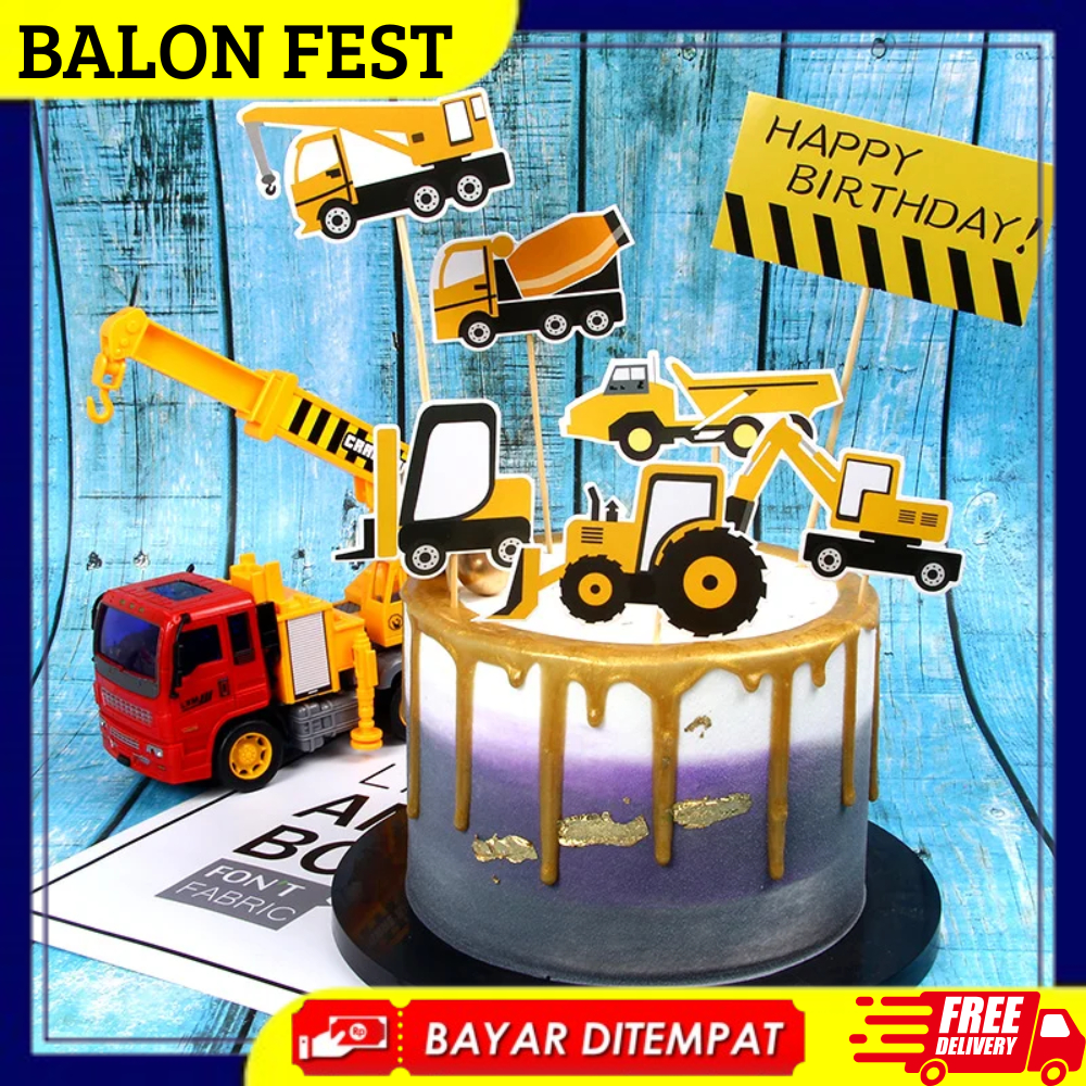 Cake Topper Bertema Mobil Kendaraan Konstruksi Excavator Dekorasi Cupcake Kue untuk Pesta Ulang Tahu