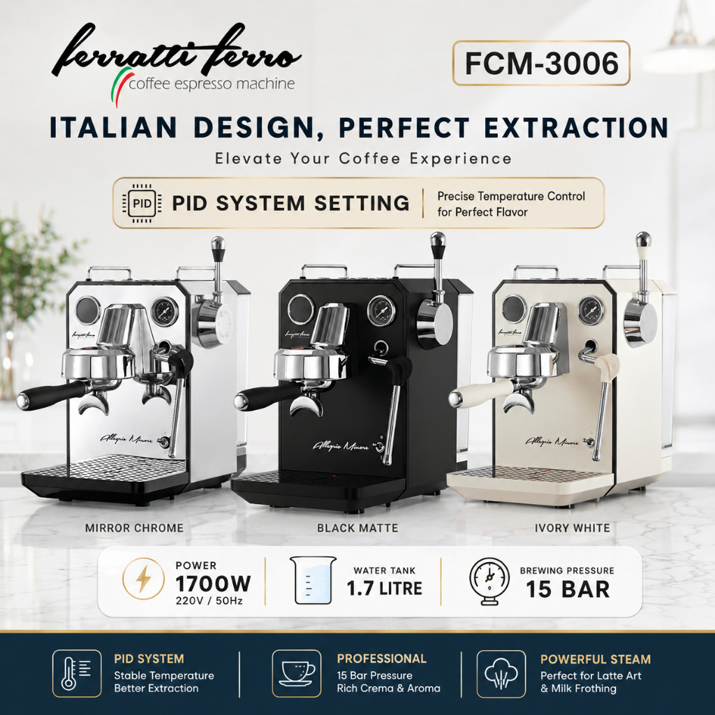 Ferratti Ferro Espresso Machine FCM-3006 Allegrio Minore Grinder Package