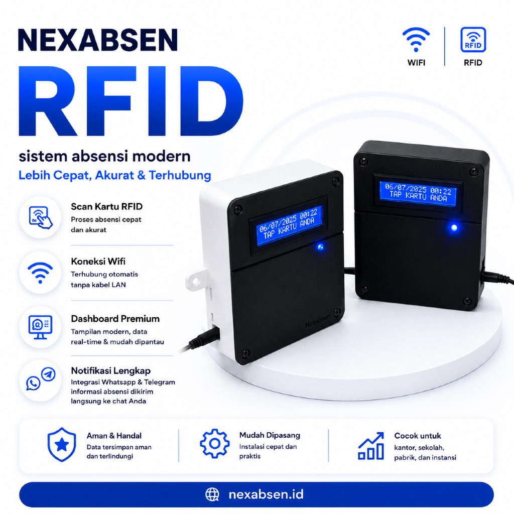 Alat Absensi RFID IoT Sekolah dan Kantor + Notifikasi WA & Telegram - Nexabsen