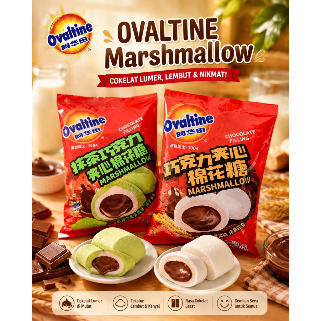 Marshmallow Ovaltine  Filling Chocolate Jelly Match Greentea / Vanilla Isi Coklat Import Malaysia Ce