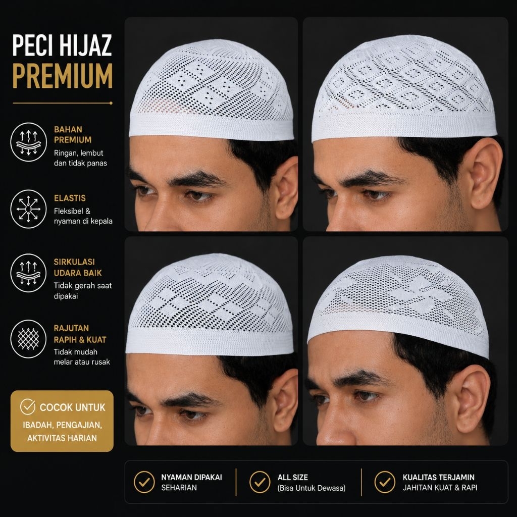 Peci Hijaz Premium Import Allsize Viral | Kopiah Rajut Putih Berkualitas |  Peci Rajut Dewasa Nyaman
